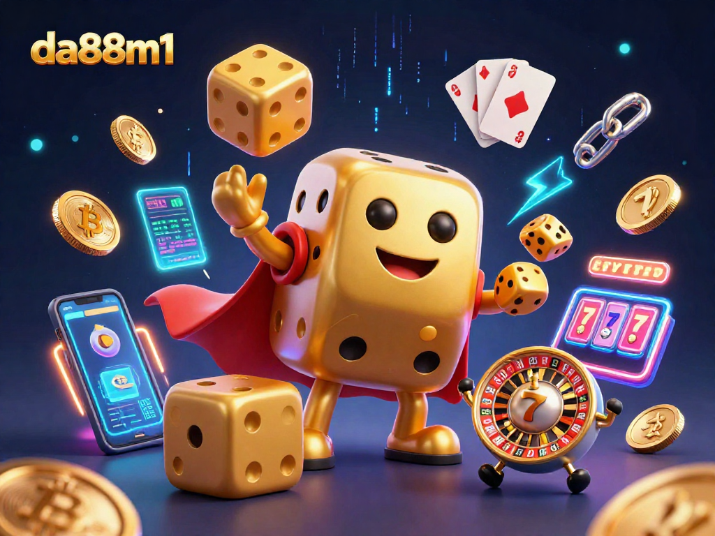 Experience fun at da88m1 with exciting golden dice characters in a vibrant casino illustration.