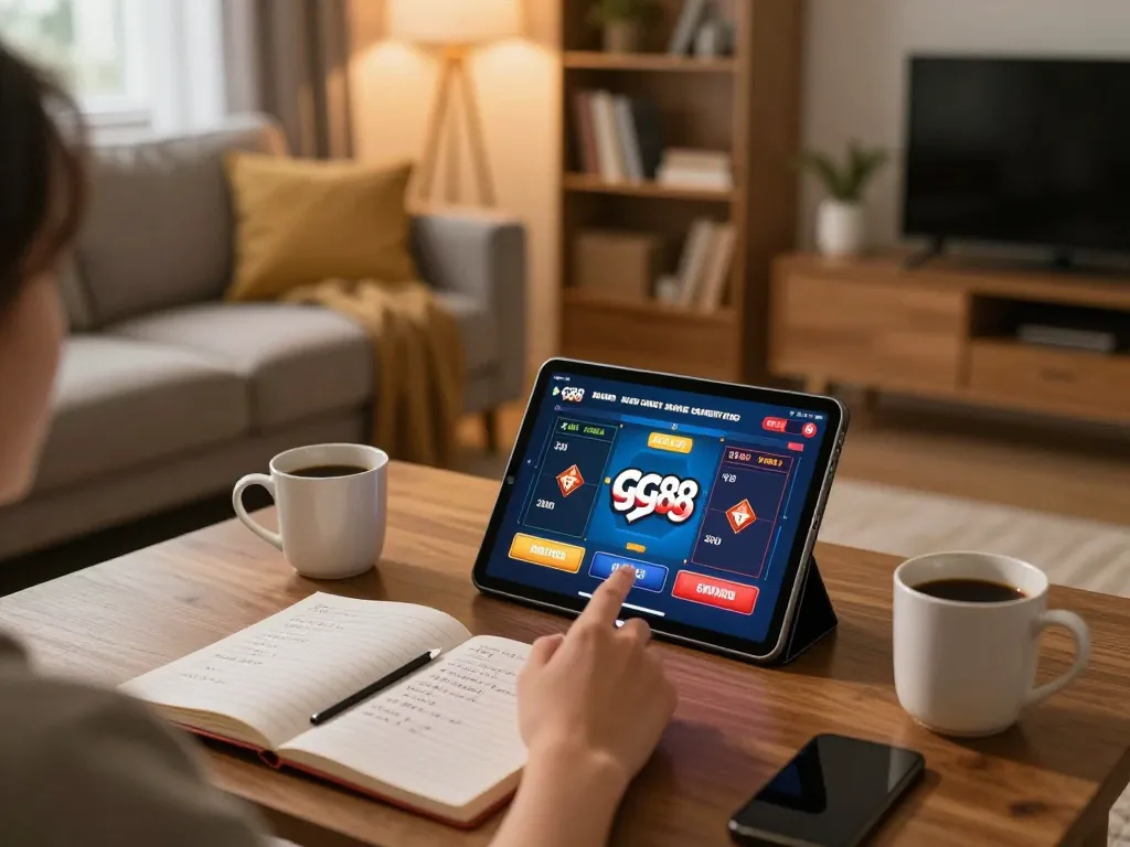 Person exploring the gg88 online casino app on a tablet in a cozy home setting.