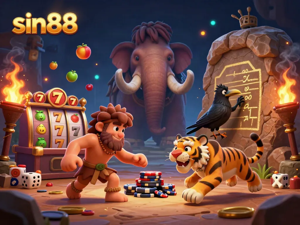 Experience the thrill of sin88 slots with caveman and sabertooth tiger duo in a vibrant casino.