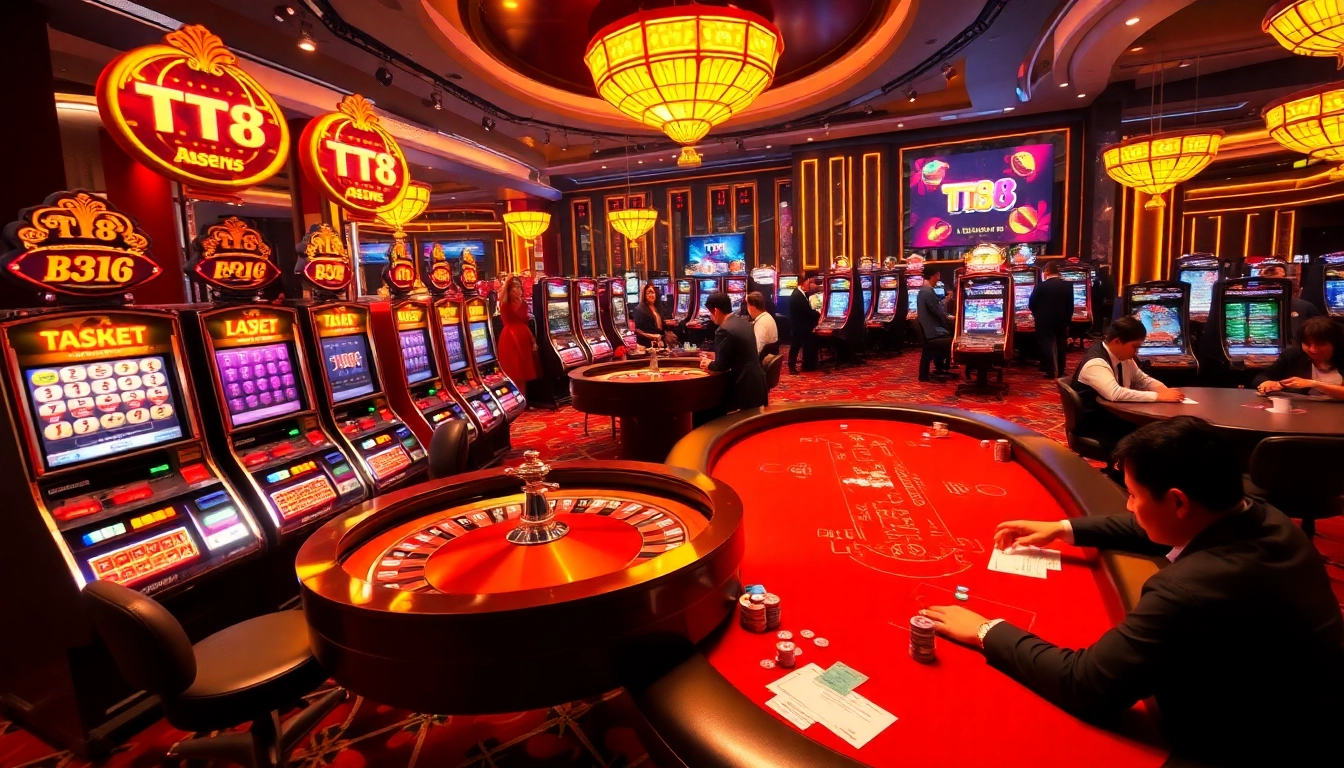 Exciting TT88 casino floor with vibrant slot machines and engaged poker players.