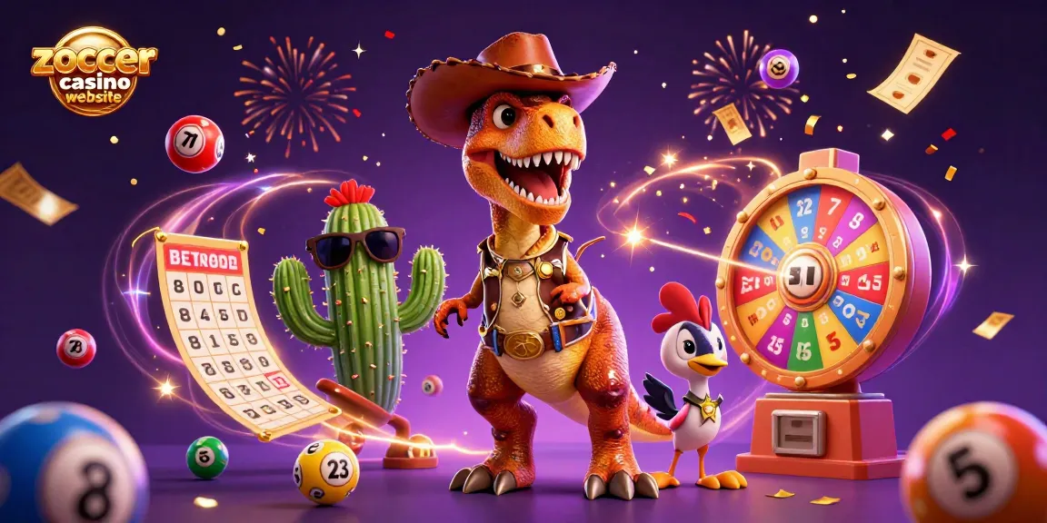 Erlebe die Zoccer Casino Website mit einem T-Rex Cowboy und lebendigen Lotteriebällen in einer aufregenden Szene.
