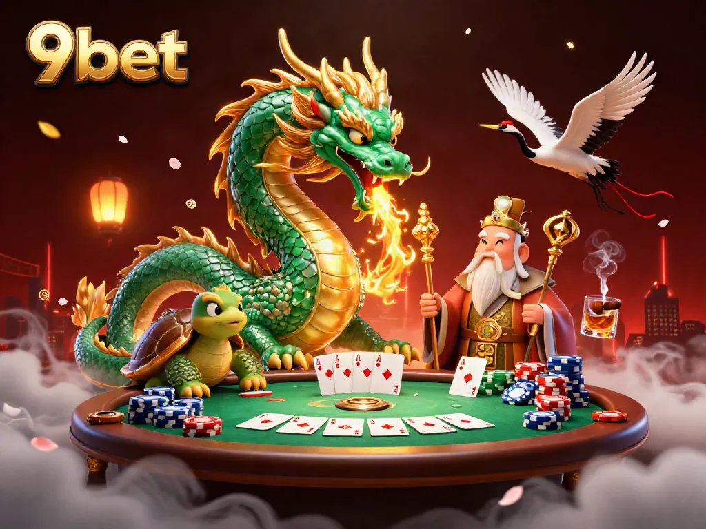 Experience the vibrant 9bet world with a jade dragon, turtle sage, and lucky cranes in a thrilling gaming scene.