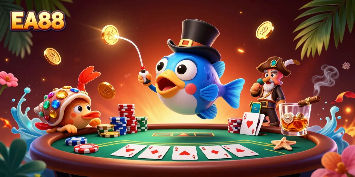 Engage in exciting poker games at EA88 with vibrant characters and rich casino elements.