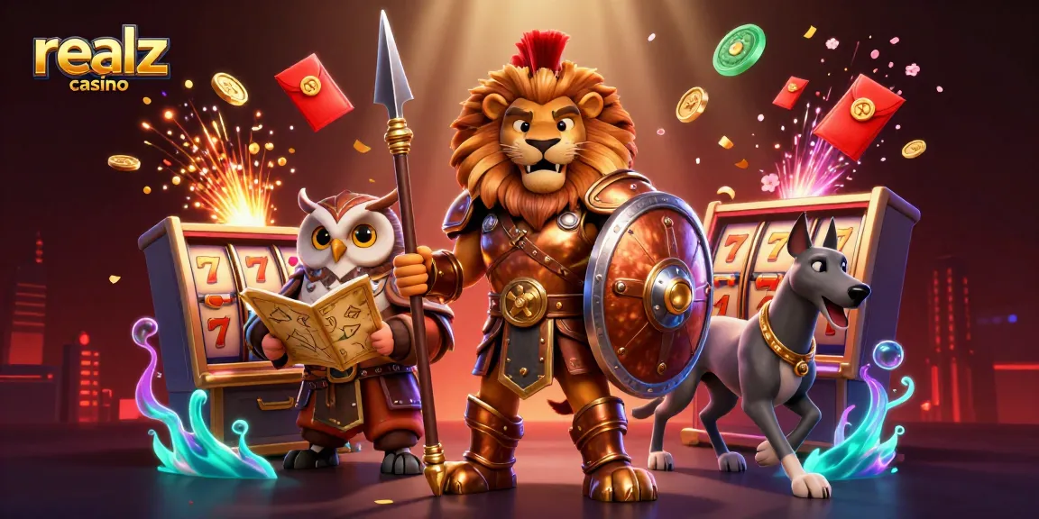 Spin the reels at realz casino with a Spartan lion, tactical owl, and golden greyhound in action.