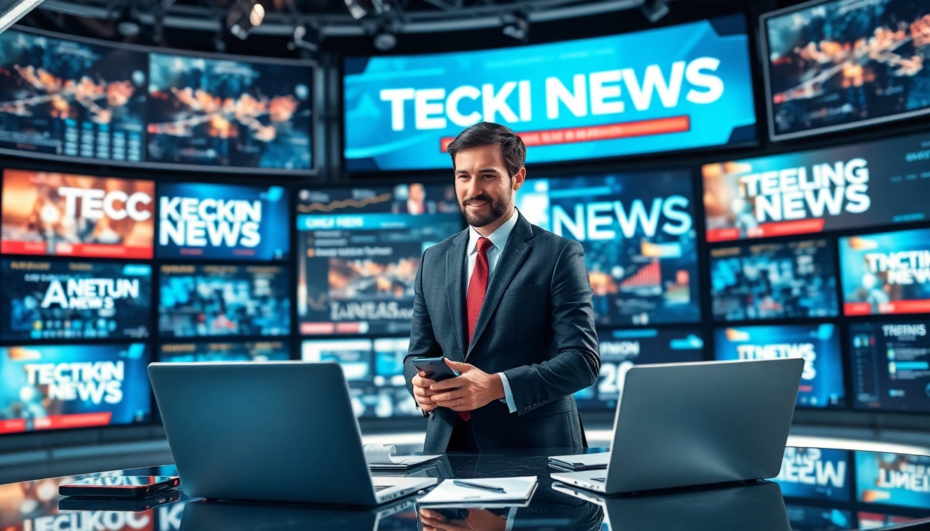 Technik News: Ein Reporter präsentiert spannende Technologie-Entwicklungen in einem modernen Nachrichtenstudio.