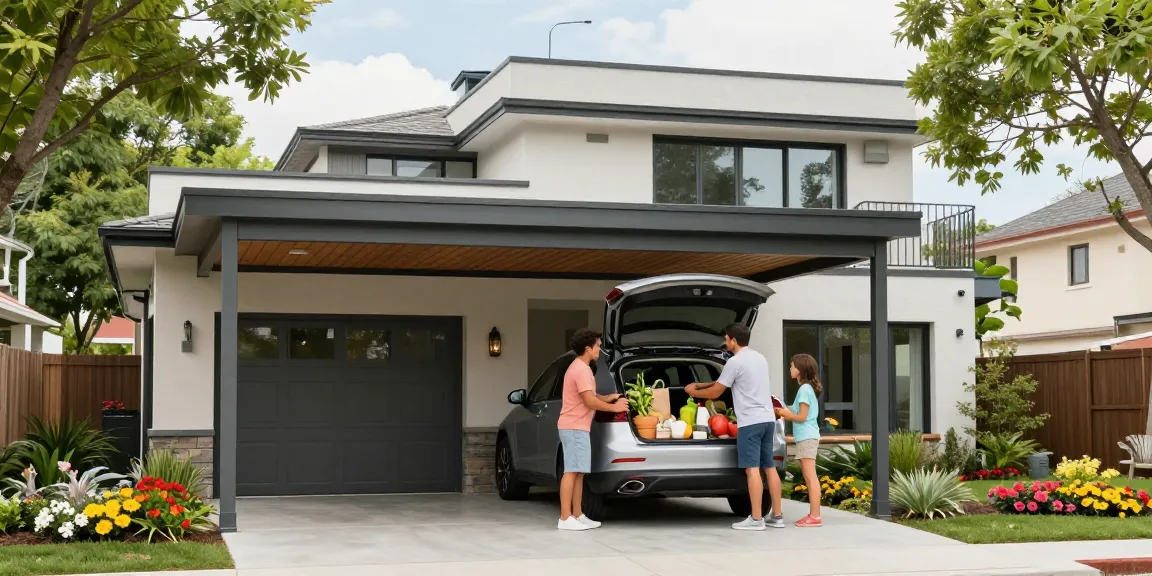 Ein schöner Carport schützt Fahrzeuge vor Wetterbedingungen und bietet Platz für eine Familie, die Einkäufe im Freien organisiert.