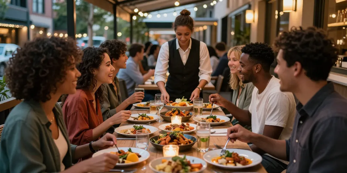 Diverse friends enjoying a meal at River City Restaurant with ROKOK88 login displayed on mobile.