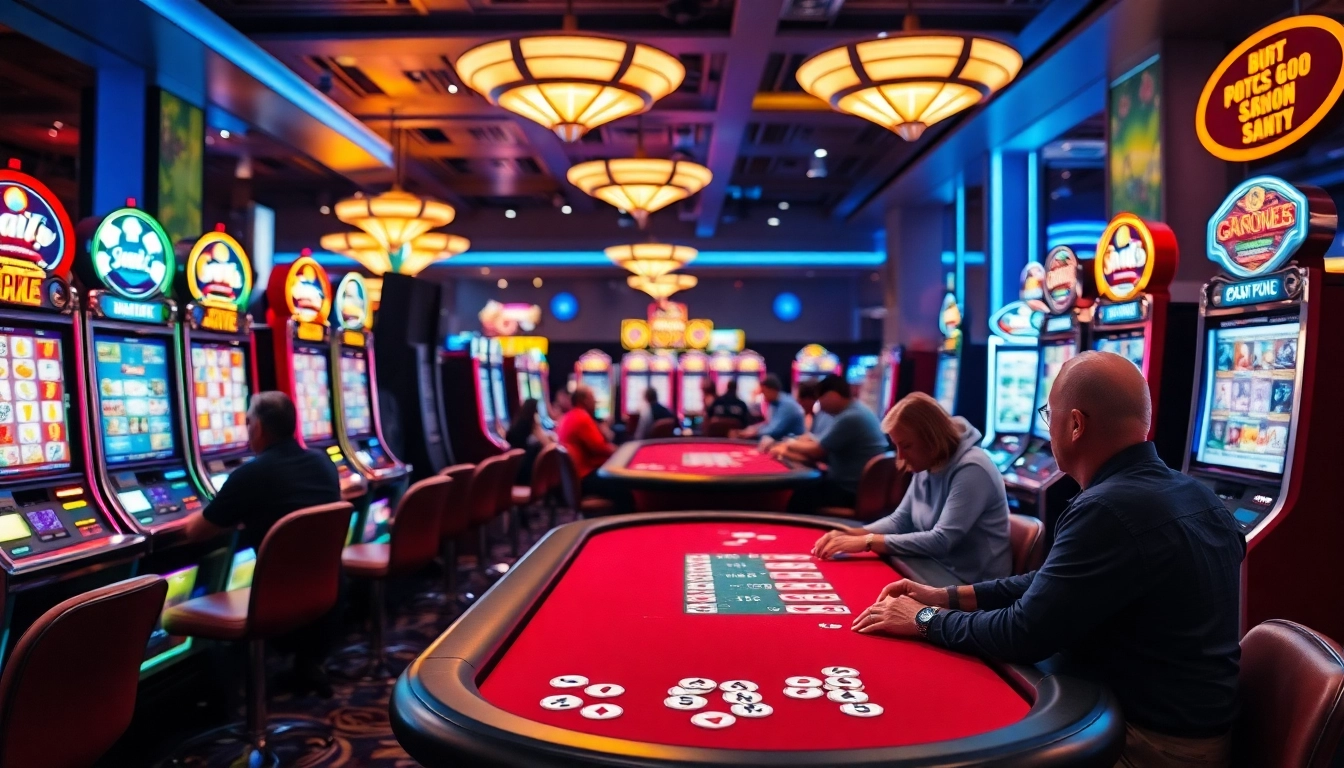 Erlebe die Aufregung bei casino spiele.de mit Spielern an einem Poker-Tisch und leuchtenden Spielautomaten.
