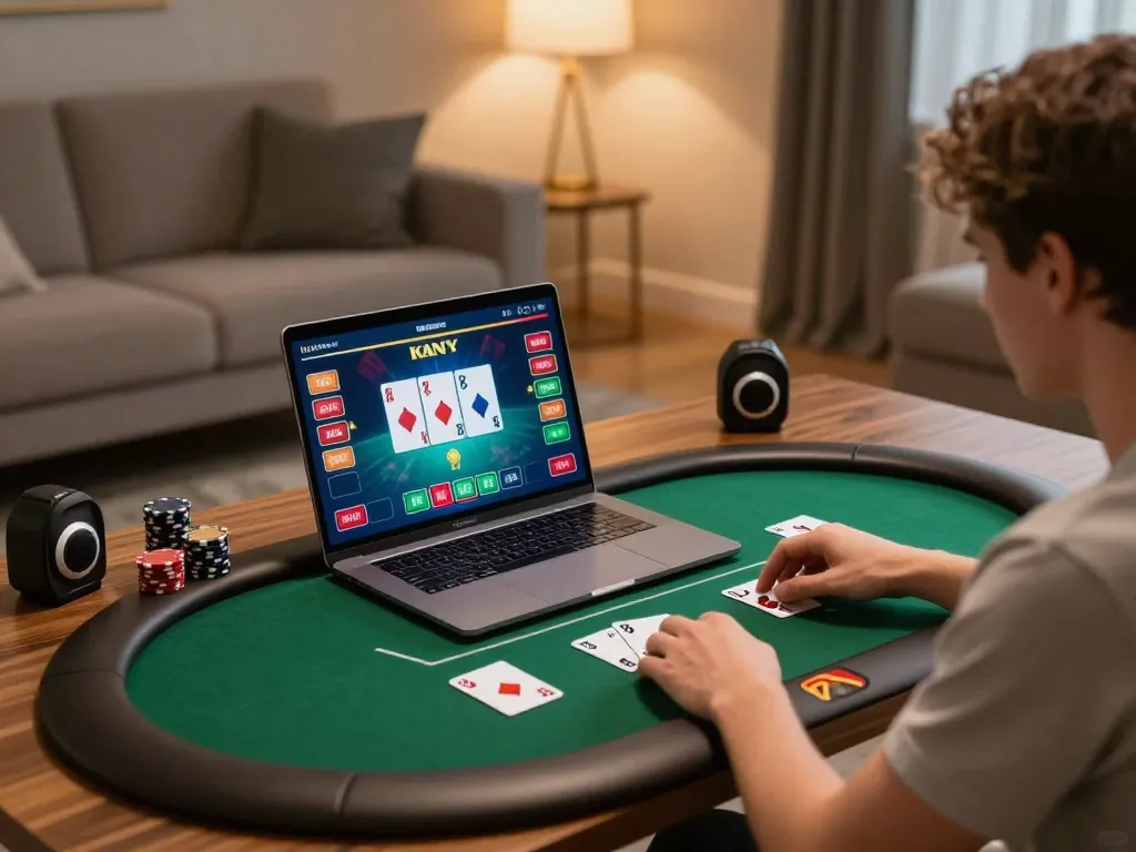 Player experiencing the thrill of tr88 online poker game from a cozy home setup, showcasing cards on screen.