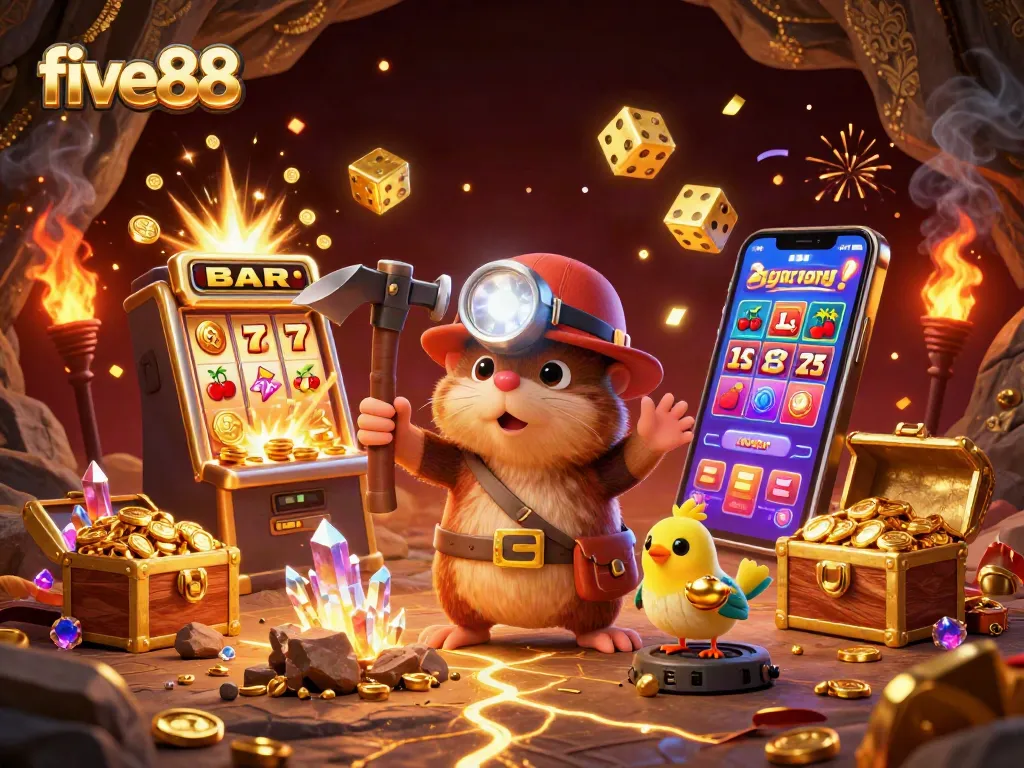 Experience the excitement of five88 with this vibrant 3D illustration showcasing a treasure hunter in a casino setting.