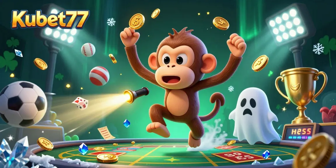 Kubet77 inspires excitement with a playful ghostly monkey and a puppy in a vibrant casino setting.