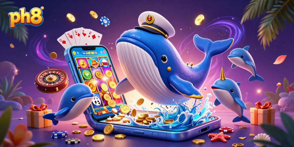 Experience the excitement of ph8 with a whale, narwhal, and dolphins among casino elements and vibrant visuals.