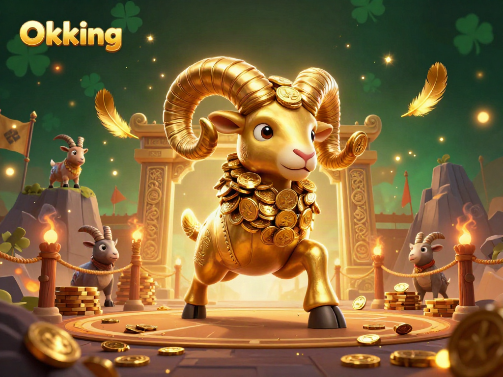Experience the thrilling Okking adventure with a golden ram charging through a dazzling casino scene.