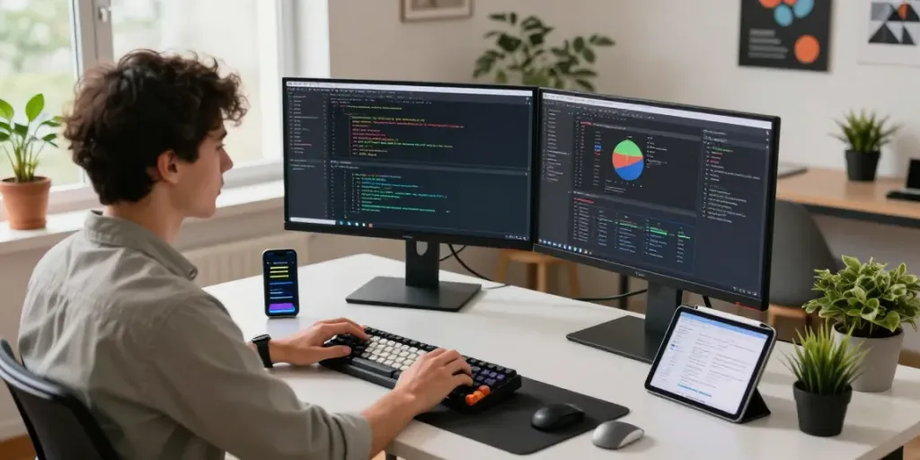 Arbeiter im modernen Arbeitsplatz mit Windows 11 Pro auf Monitoren, produktive Atmosphäre im Tech-Bereich