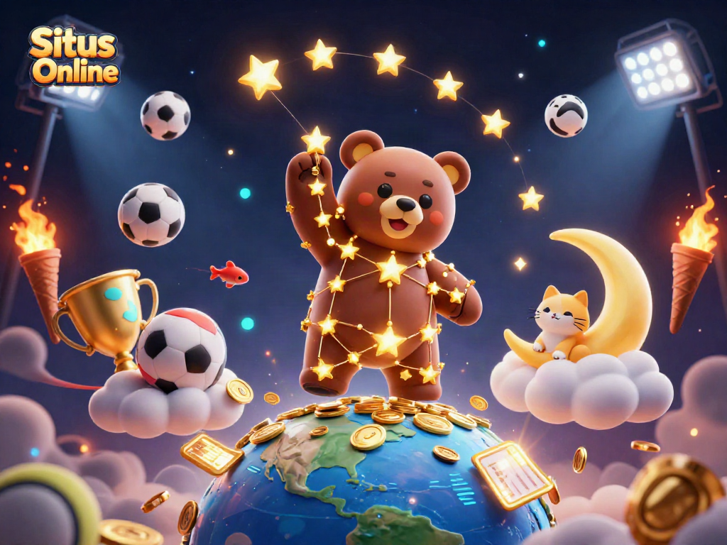 Engage in sports betting excitement with Situs Bola Online featuring dynamic 3D illustration of celestial elements.