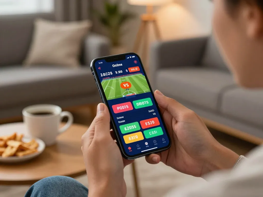 Experience live sports betting on 78win app with a vibrant smartphone interface in a cozy home.