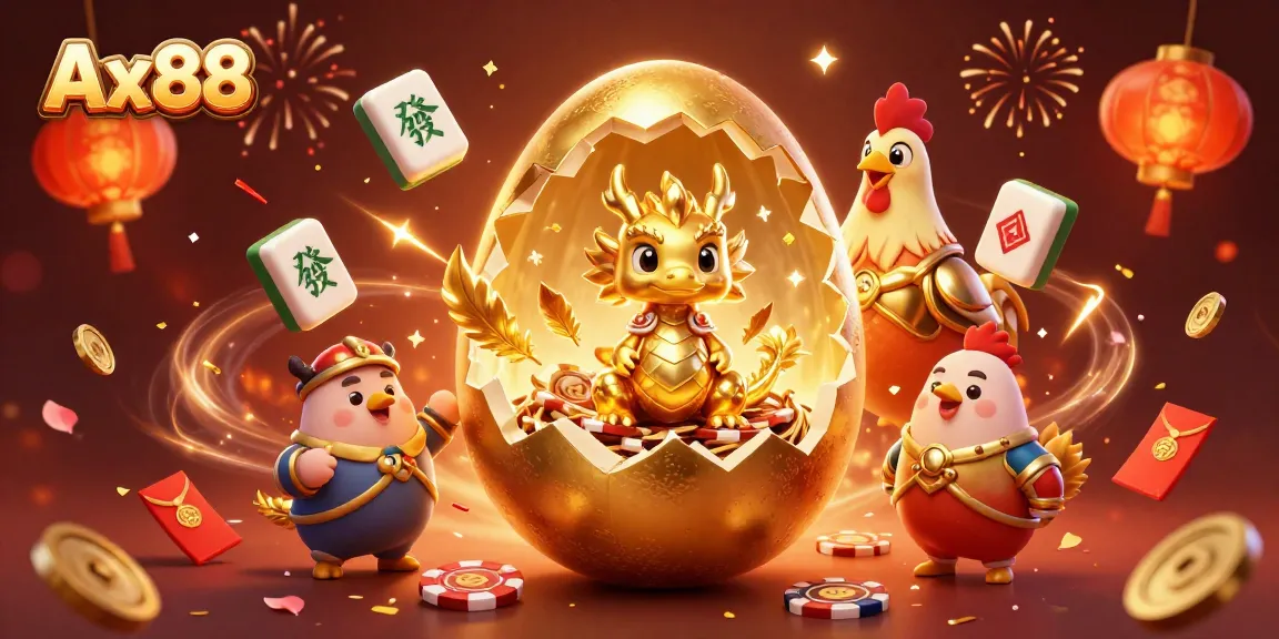 Spin the reels at Ax88 with a golden egg revealing a dragon surrounded by dazzling casino elements.