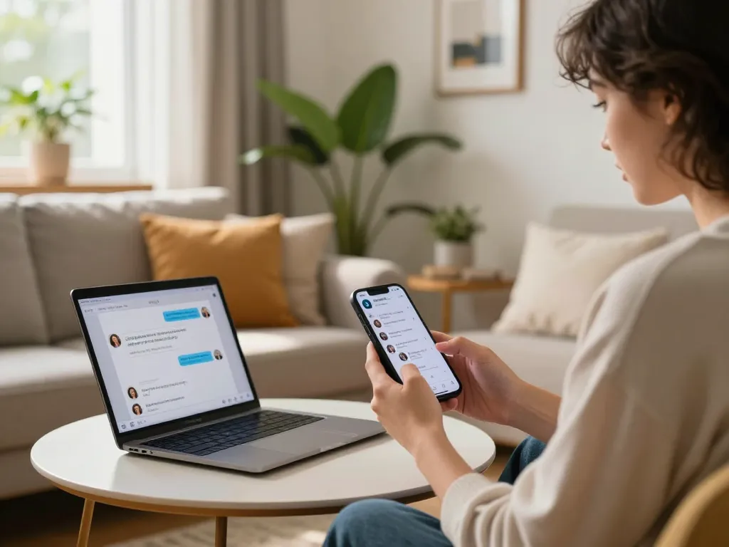 Sexting AI interaction on smartphone in a cozy living room, showcasing modern digital communication.