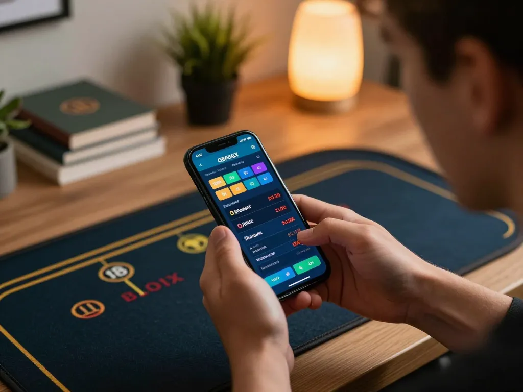 Engaging in live betting using the O8 FOREX app on smartphone in a cozy home office.