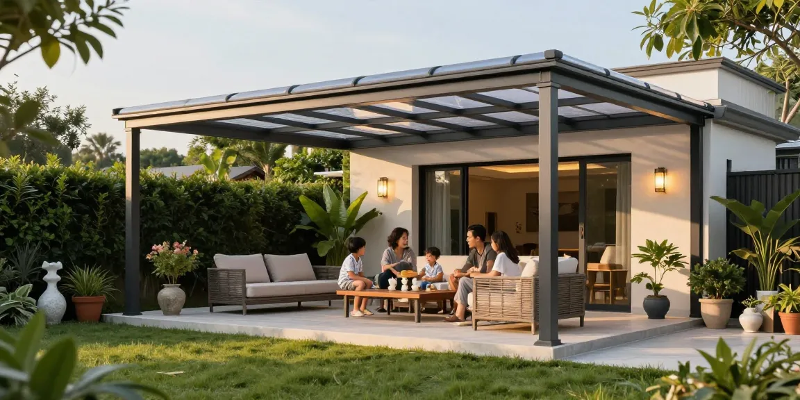 Moderne freistehende Terrassenüberdachung in einem schönen Garten mit einer Familie, die sich entspannt.