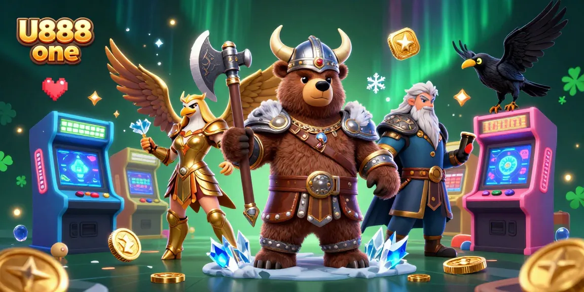 Engage with U888 one in a vibrant 3D casino world featuring Viking warriors and gaming elements.