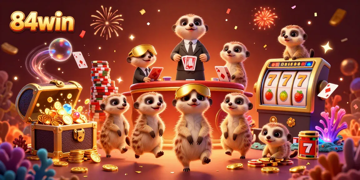 Experience thrilling gameplay at 84win with meerkats working in a vibrant casino theme.