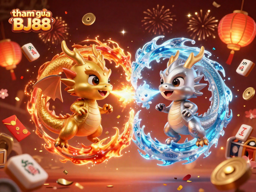 Experience the excitement of tham gia BJ88 with dynamic dragons and casino elements in a vibrant 3D scene.