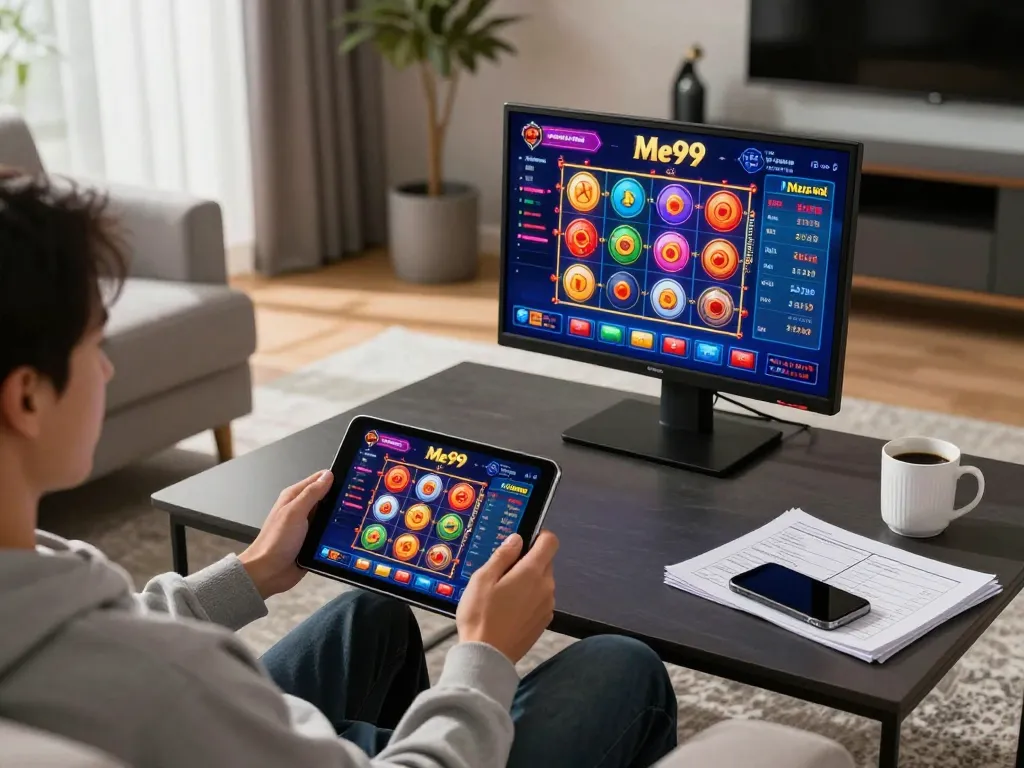Experience Me99 online gaming with vibrant slot reels and a cozy home environment.
