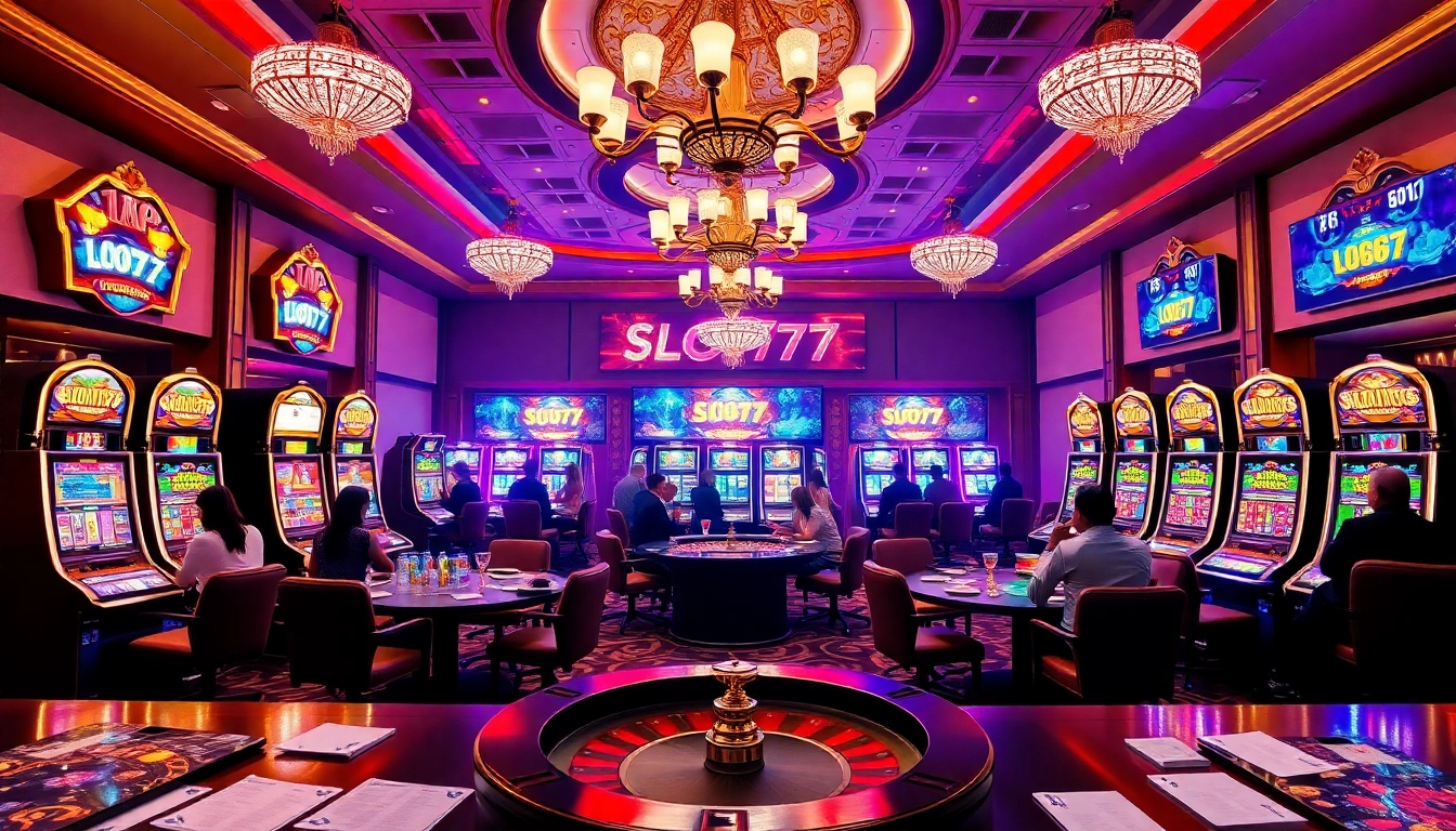 Engage in thrilling Slot777 gameplay amidst a vibrant casino atmosphere filled with colorful slot machines.