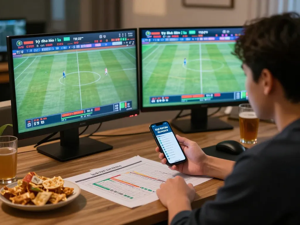 Engaging sports betting setup showing tỷ lệ kèo nhà cái hôm nay on smartphone with multiple screens