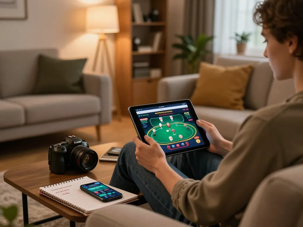 Person engaging with f168 online casino interface on tablet in a cozy home environment.