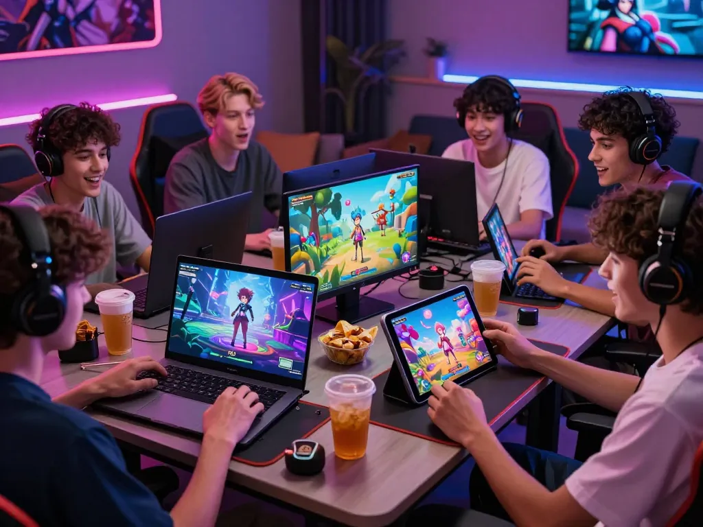 Group enjoying game sex on various devices in a colorful gaming scene