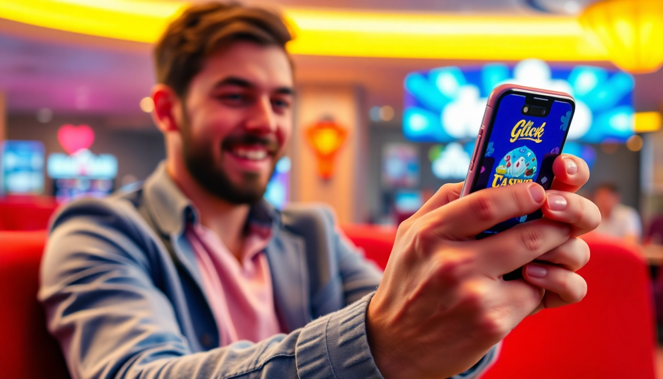 Entdecken Sie die aufregendsten Spiele in besten mobilen Online Casinos mit einem Smartphone-Benutzer, der begeistert spielt.