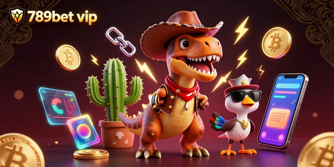 Engage with 789bet vip featuring a vibrant scene of a T-Rex, cactus, and roadrunner amidst glowing crypto and casino elements.