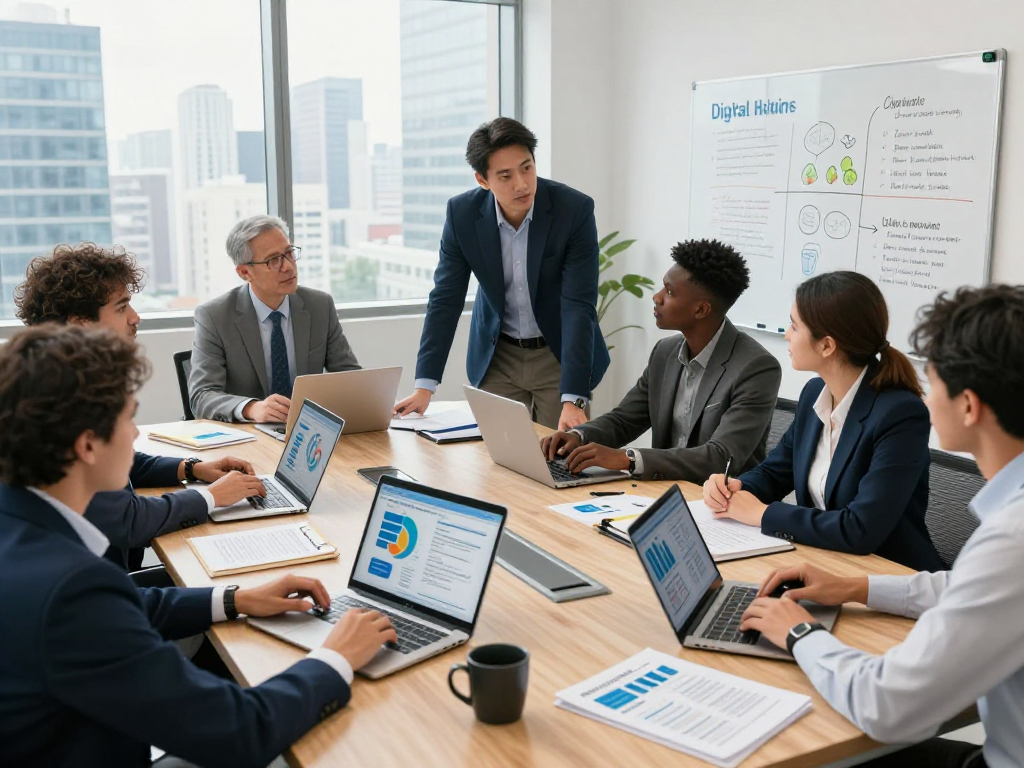 Branchenlösungen – Übersicht illustrated in a modern office with diverse professionals discussing data privacy and accessibility strategies.