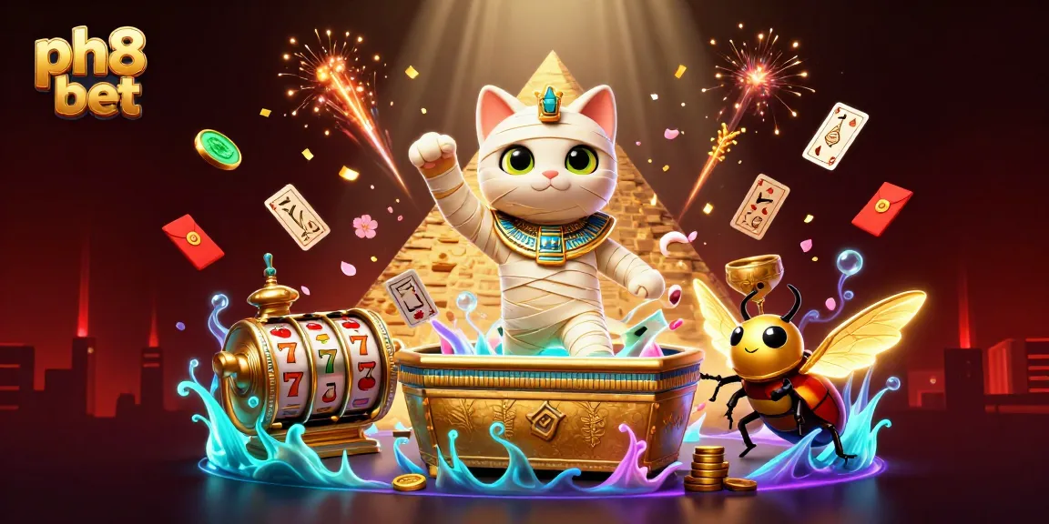 Experience the thrills of ph8 bet as an Egyptian mummy cat spins slot reels amid vibrant casino elements.