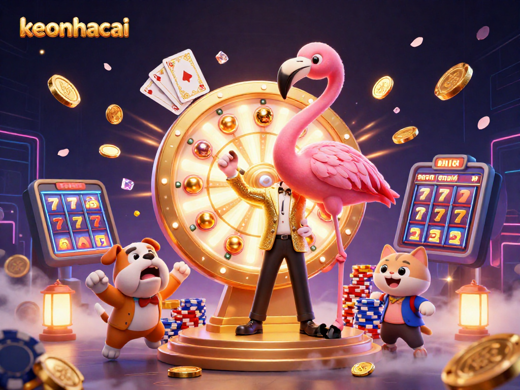 Spin the golden prize wheel at keonhacai casino, surrounded by vibrant gaming elements.