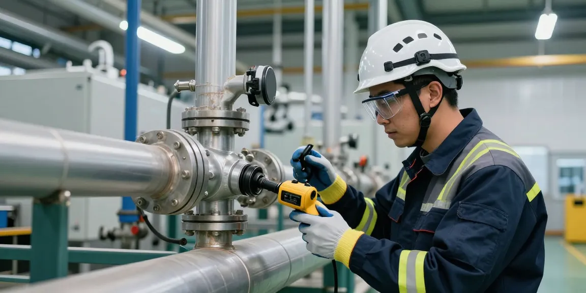 Techniker mit Wasserstoff Lecksuchgerät zur Sicherheit im Industrieumfeld