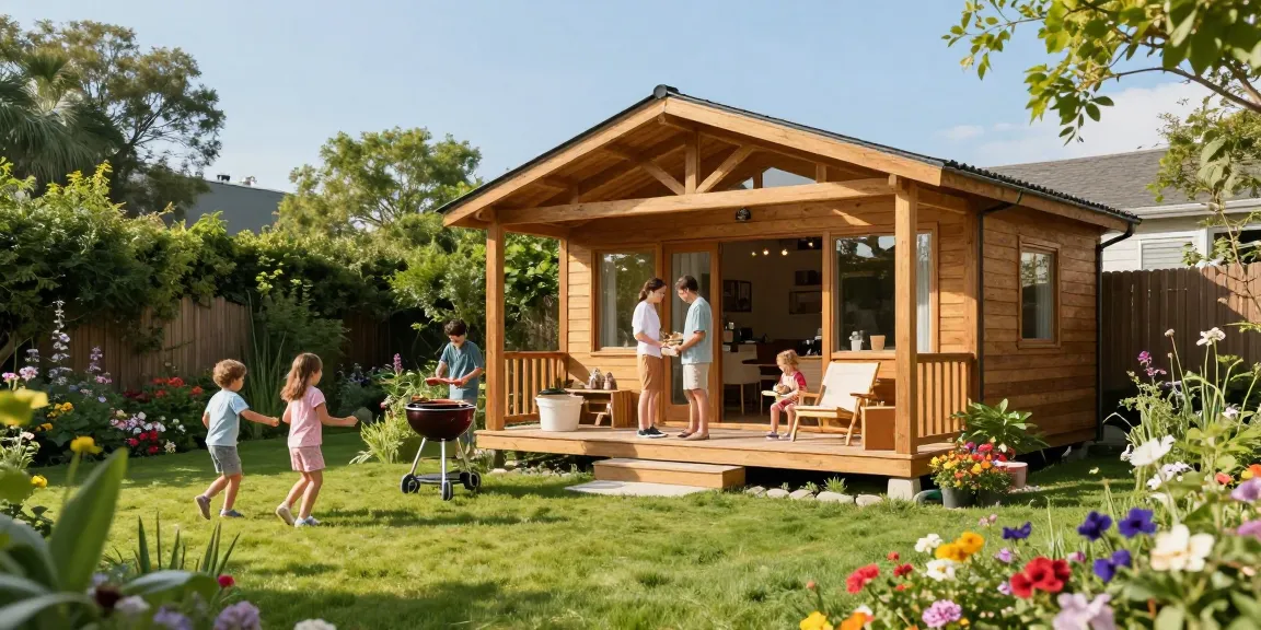 Gartenhaus Holz perfekt integriert in idyllischen Garten mit Familie beim Grillen.