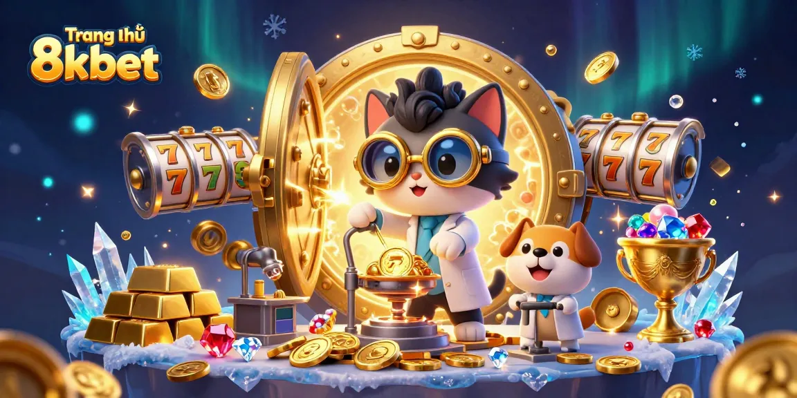 Engage with Trang chủ 8kbet's vibrant illustration featuring a mad scientist cat and assistant in a bustling casino backdrop.