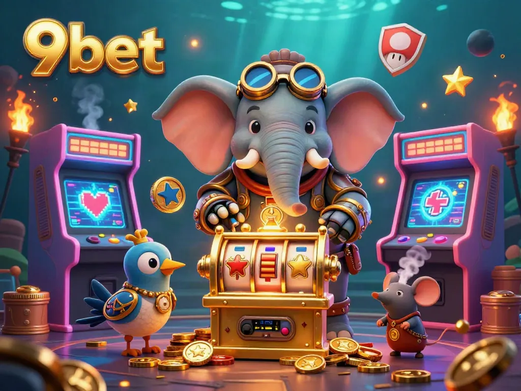 Experience thrilling gameplay with 9bet's vibrant 3D illustration featuring an engineer elephant and dynamic casino elements.