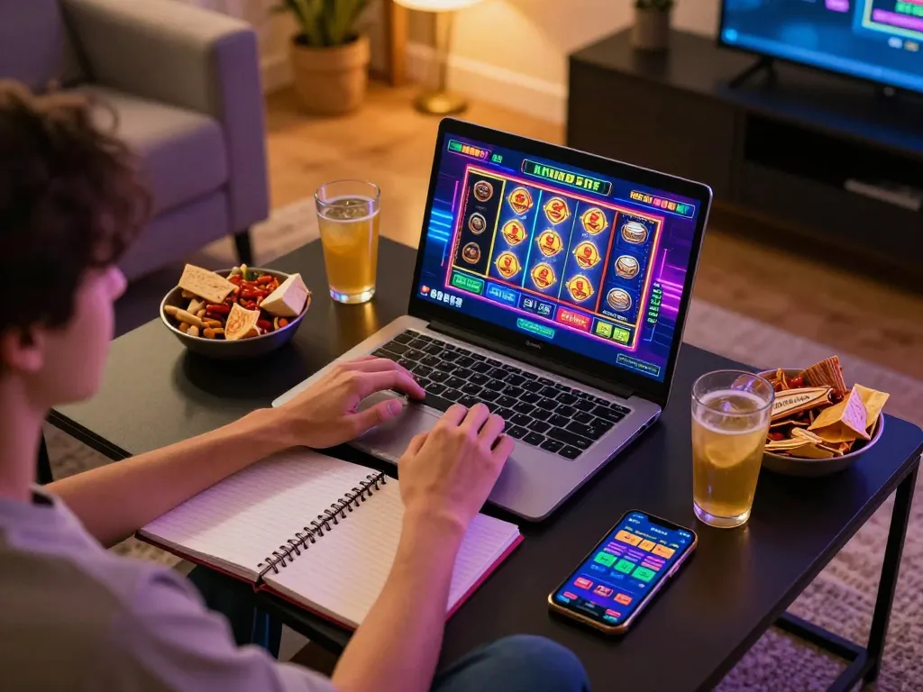 KUBET online gaming session with player engaged on laptop, vibrant slot machine graphics.