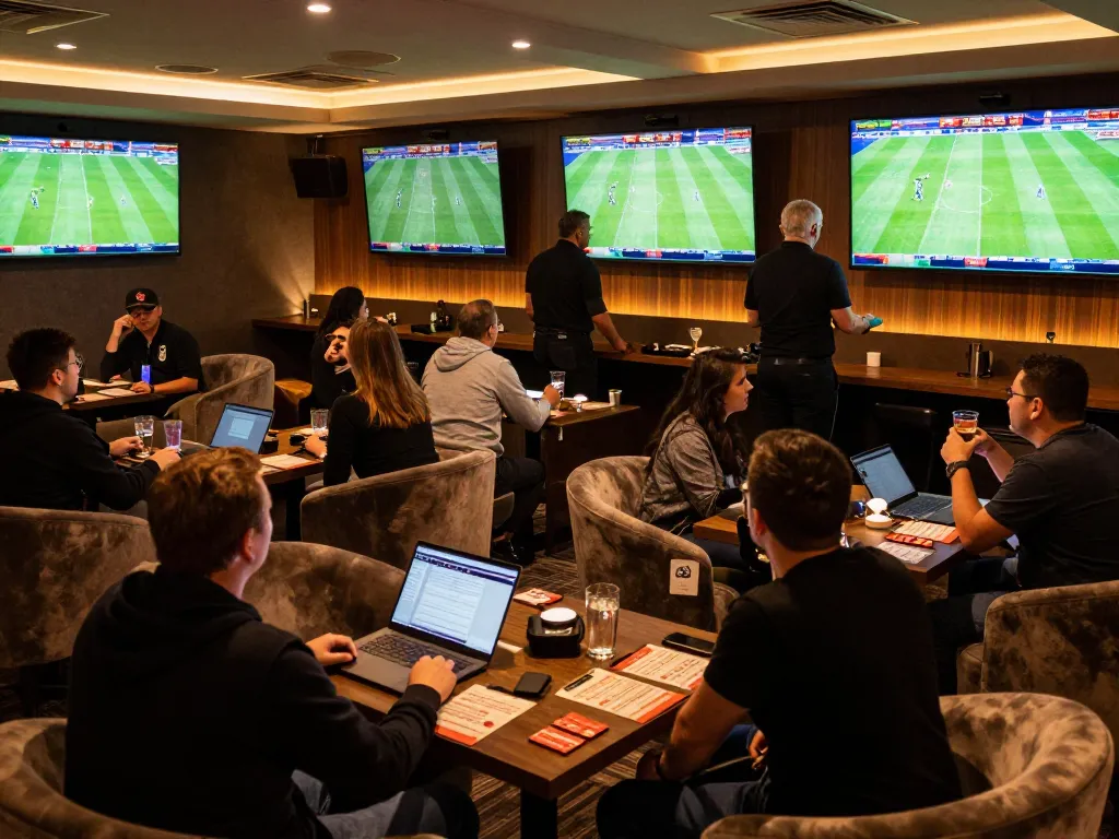 Follow live ผลการแข่งขันฟุตบอล in a vibrant sports betting lounge with engaging atmosphere and excited fans