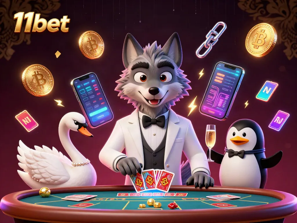 Experience thrilling baccarat games with 11bet's stylish characters and crypto elements in a vibrant casino scene.