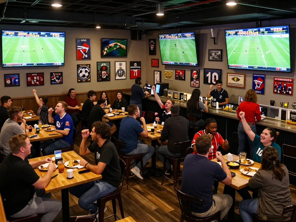 Exciting sports bar view filled with fans watching ผลการแข่งขันฟุตบอล on multiple screens while cheering