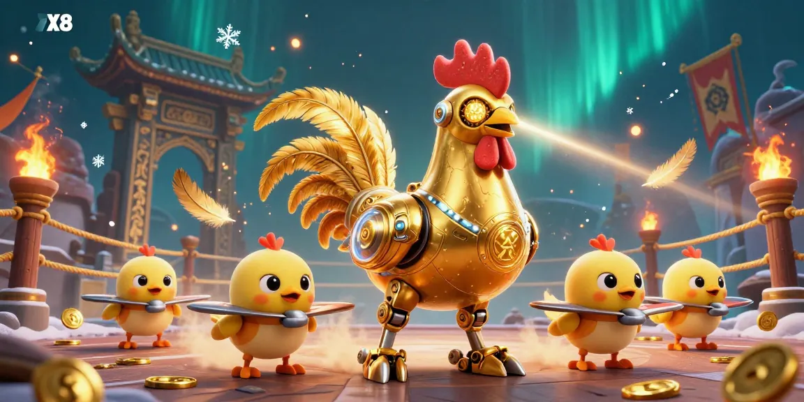 Engage with the electrifying world of XX8, featuring a dynamic retro-futuristic rooster robot leading its drone team in a vibrant gambling arena.