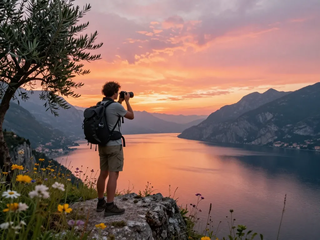 Genießen Sie Urlaub am Gardasee, ein Reisender fängt einen atemberaubenden Sonnenuntergang über den Gardasee von einer Klippe aus ein.
