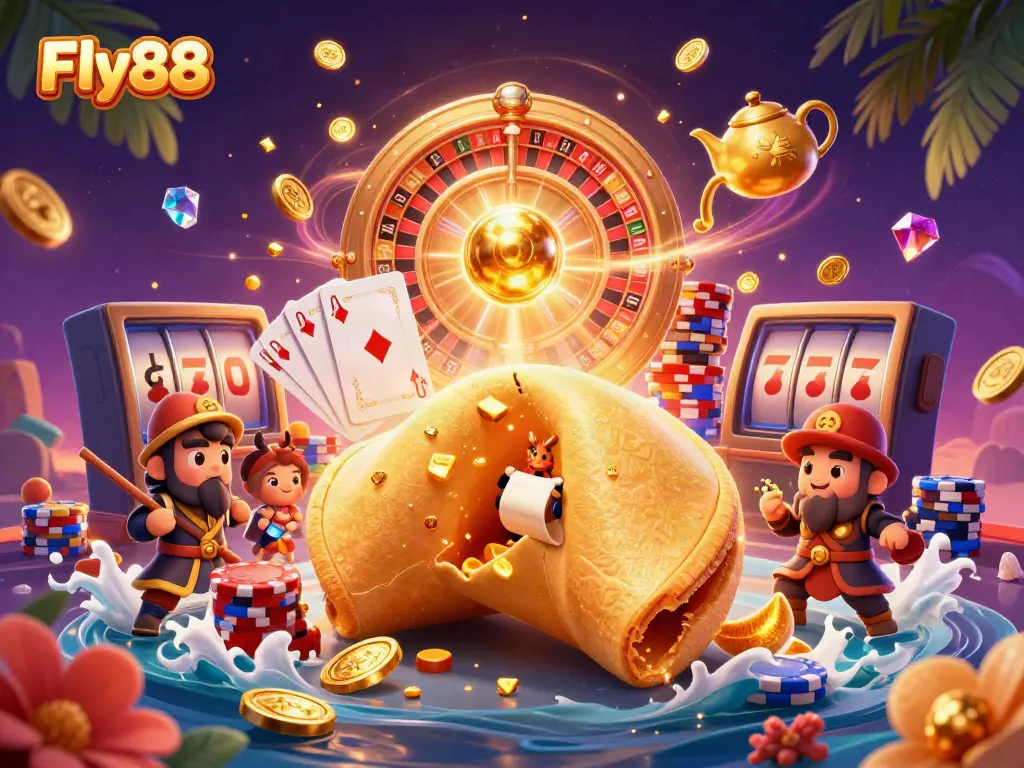 Fly88 features a mystical dragon reading fortunes amid golden coins and vibrant casino elements.