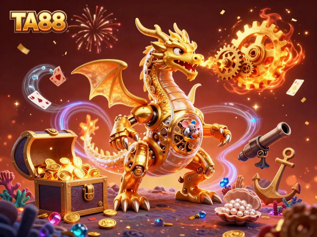 Join the adventure at TA88 with a golden dragon and treasure in this captivating casino scene.