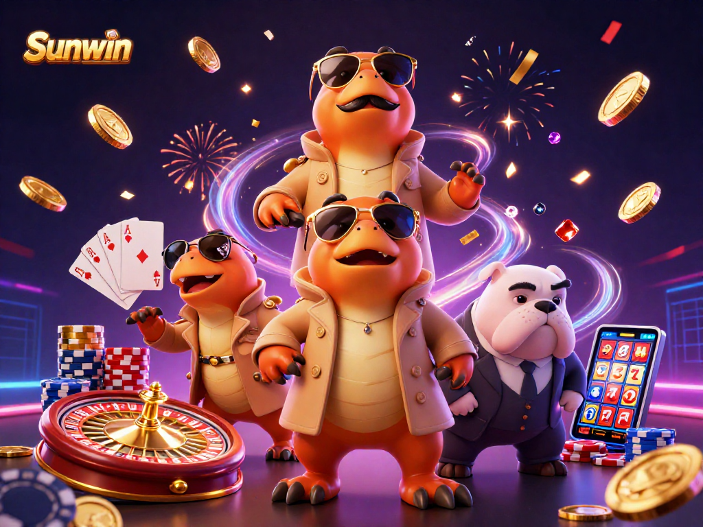 Sunwin raptors enter the VIP lounge as animated coins and gems burst around them in a vibrant casino.